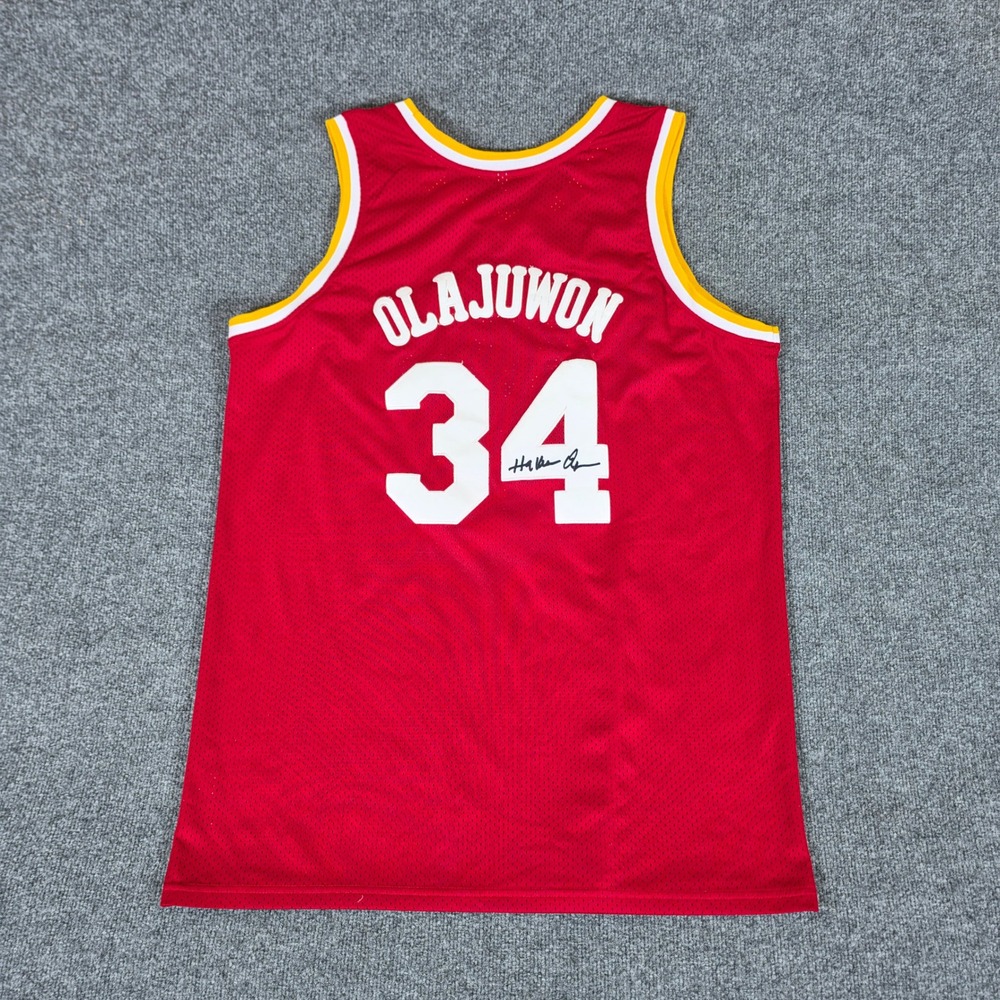 Hakeem Olajuwon Printed Autograph Houston Rockets 34 Basketball Jersey Red 3XL